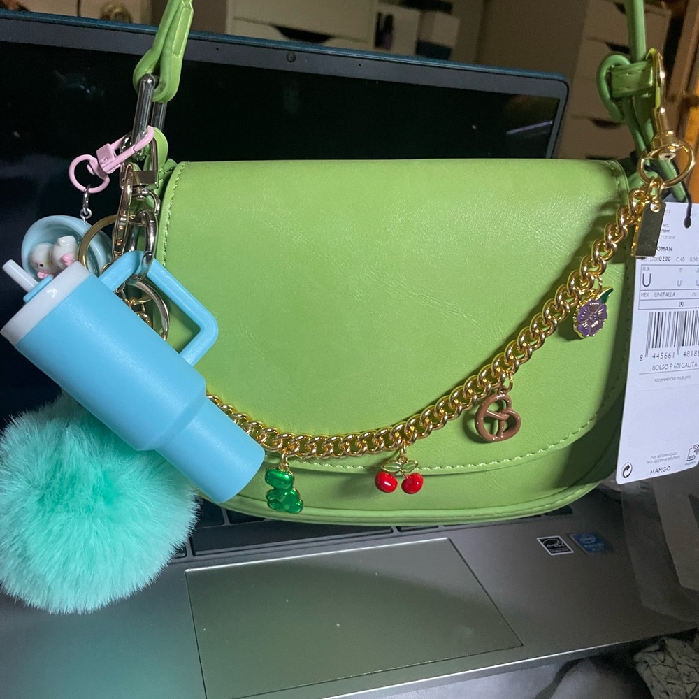 Green Shoulder Bag with Gold Chain and Bag Charms